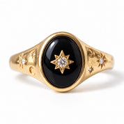 Handcrafted Celestial Signet Ring, Black Onyx, Diamond Starburst, 9K 18K Gold