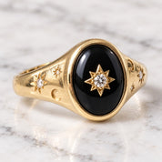 Handcrafted Celestial Signet Ring, Black Onyx, Diamond Starburst, 9K 18K Gold - view 2