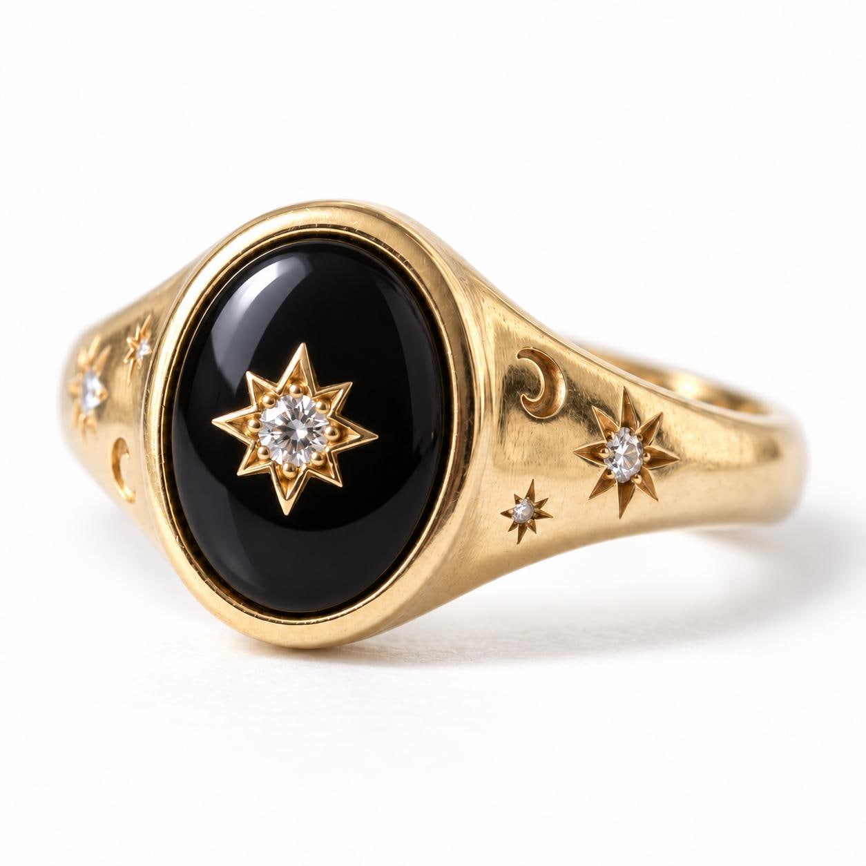 Handcrafted Celestial Signet Ring, Black Onyx, Diamond Starburst, 9K 18K Gold - view 3