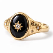 Handcrafted Celestial Signet Ring, Black Onyx, Diamond Starburst, 9K 18K Gold - view 3