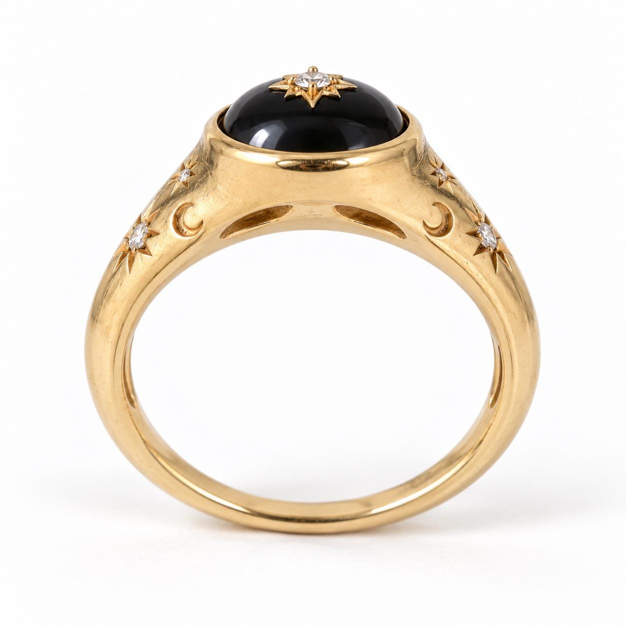 Handcrafted Celestial Signet Ring, Black Onyx, Diamond Starburst, 9K 18K Gold - view 4