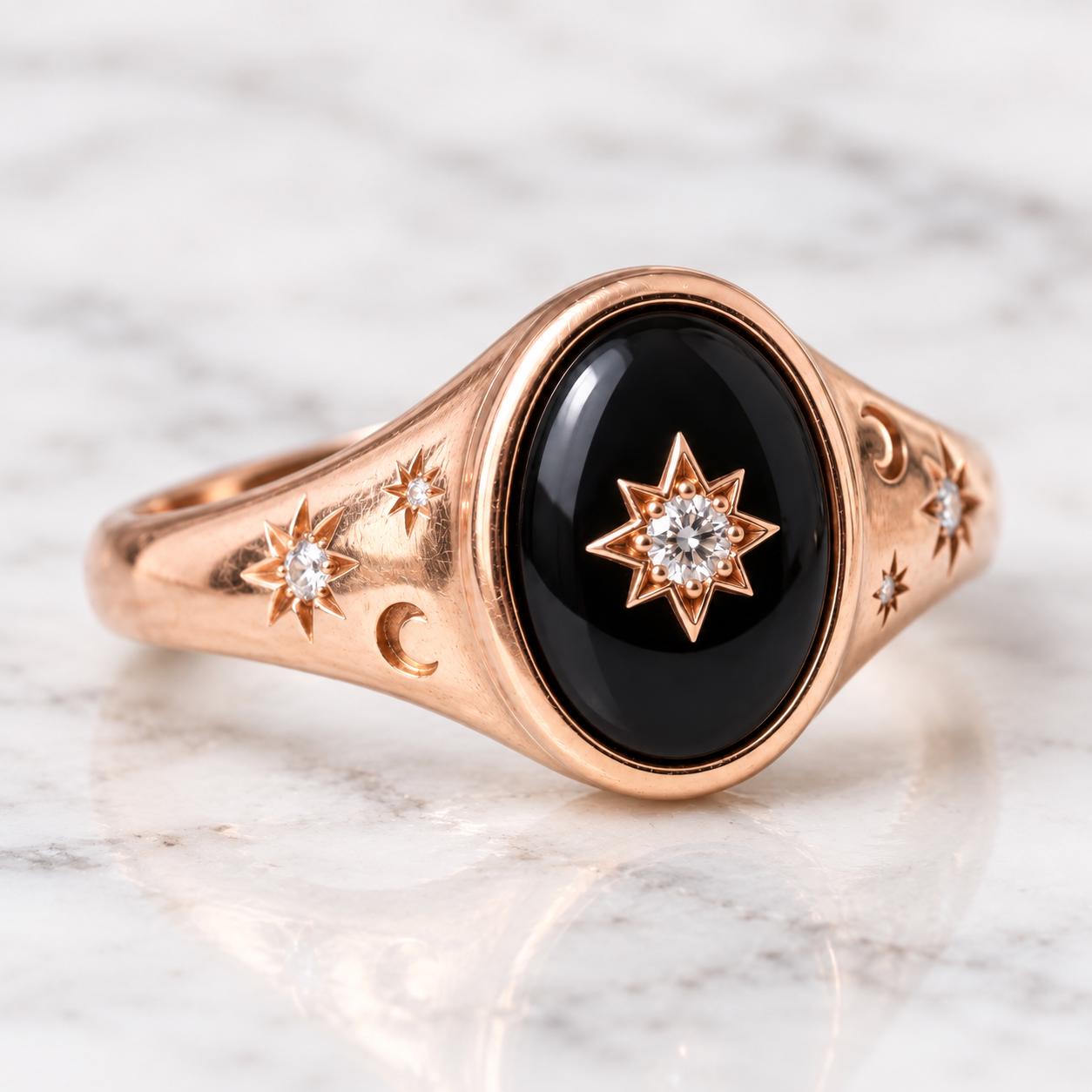 Handcrafted Celestial Signet Ring, Black Onyx, Diamond Starburst, 9K 18K Gold - view 5
