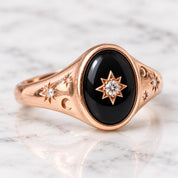 Handcrafted Celestial Signet Ring, Black Onyx, Diamond Starburst, 9K 18K Gold - view 5