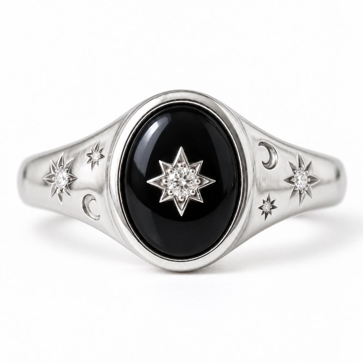 Handcrafted Celestial Signet Ring, Black Onyx, Diamond Starburst, 9K 18K Gold - view 6