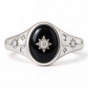 Handcrafted Celestial Signet Ring, Black Onyx, Diamond Starburst, 9K 18K Gold - view 6