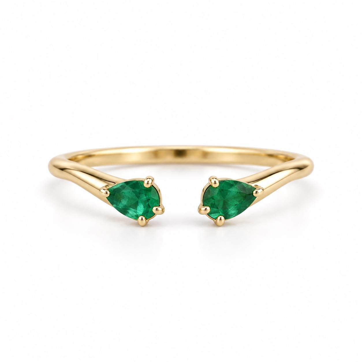 Natural Zambian Emerald Pear Cut Open Cuff Ring, Solid Gold Stacking Band