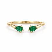 Natural Zambian Emerald Pear Cut Open Cuff Ring, Solid Gold Stacking Band