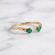 Natural Zambian Emerald Pear Cut Open Cuff Ring, Solid Gold Stacking Band - view 2