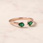 Natural Zambian Emerald Pear Cut Open Cuff Ring, Solid Gold Stacking Band - view 3