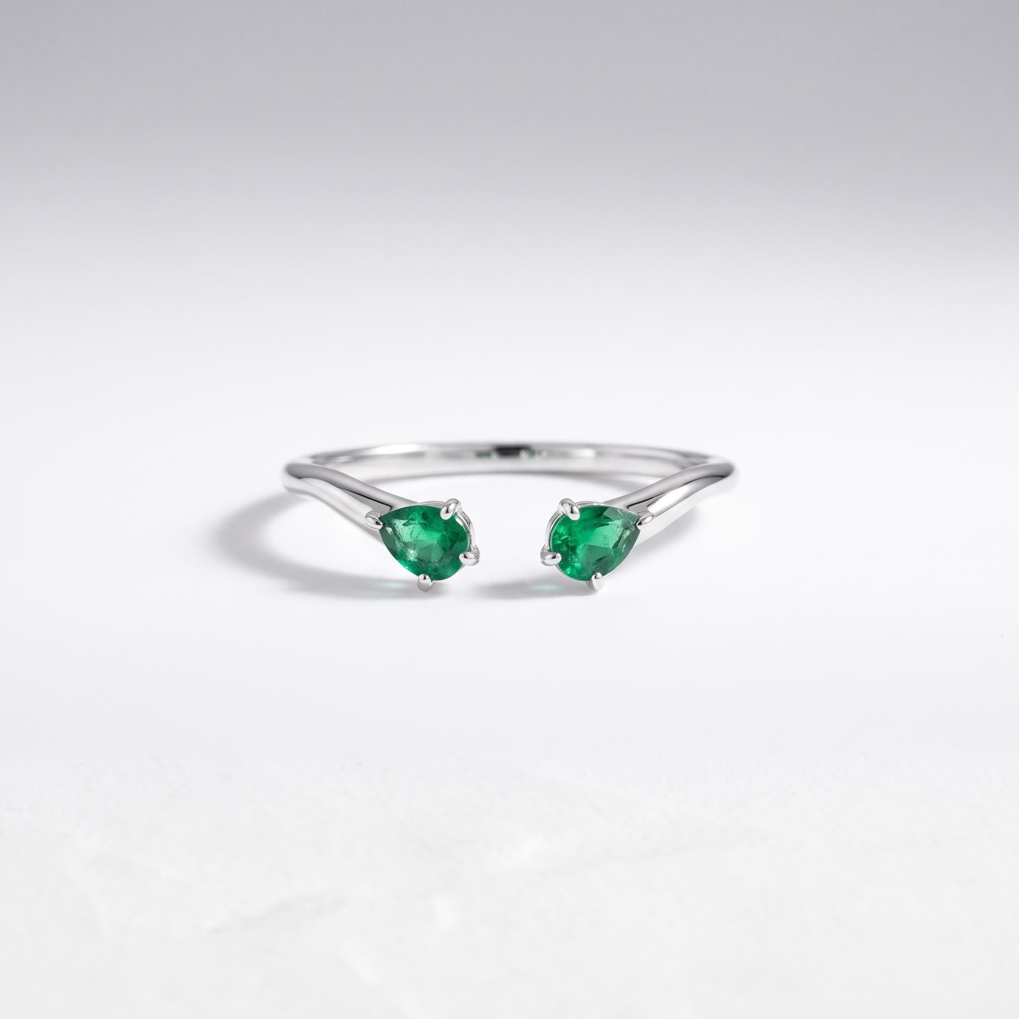 Natural Zambian Emerald Pear Cut Open Cuff Ring, Solid Gold Stacking Band - view 4