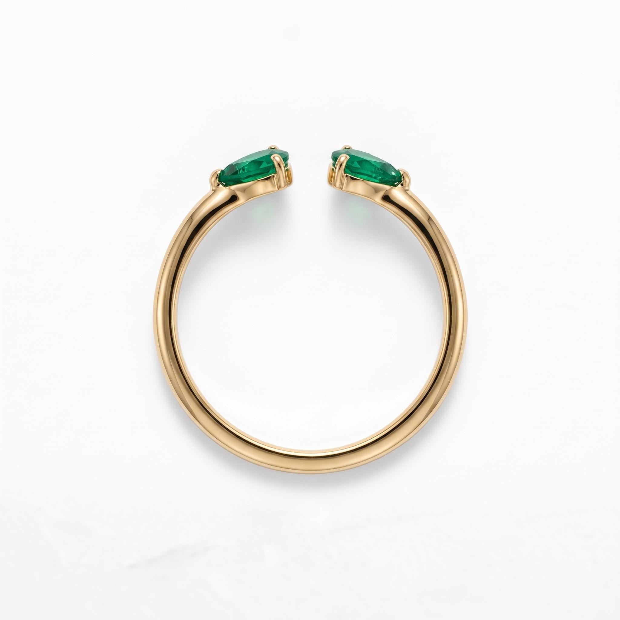 Natural Zambian Emerald Pear Cut Open Cuff Ring, Solid Gold Stacking Band - view 5