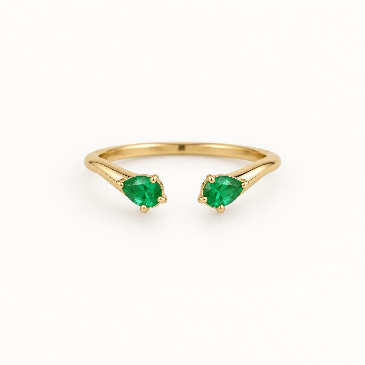 Natural Zambian Emerald Pear Cut Open Cuff Ring, Solid Gold Stacking Band - view 6