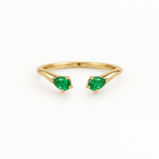 Natural Zambian Emerald Pear Cut Open Cuff Ring, Solid Gold Stacking Band - view 6