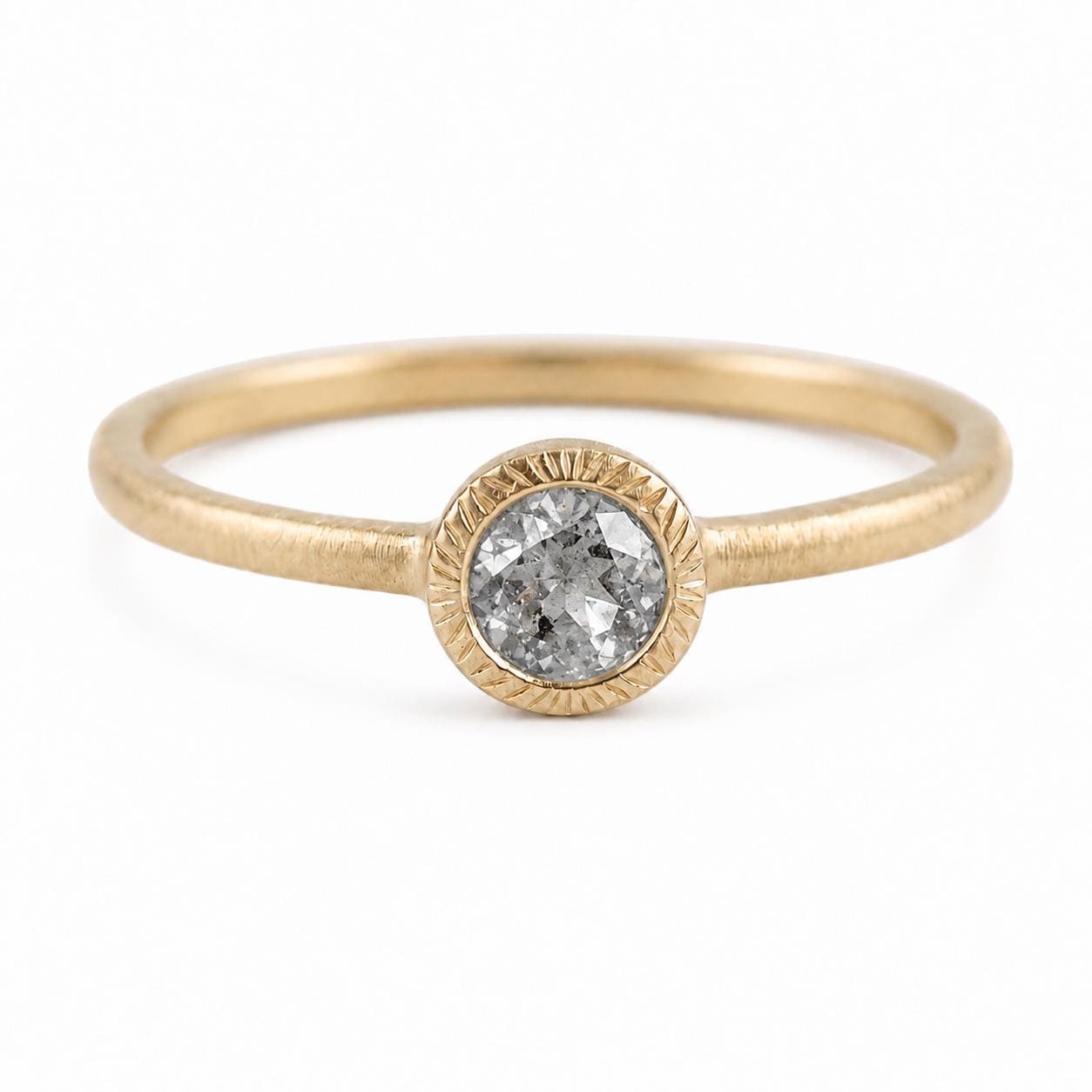 Salt Pepper Gray Diamond Ring, Matte Brushed Boho Engagement Ring