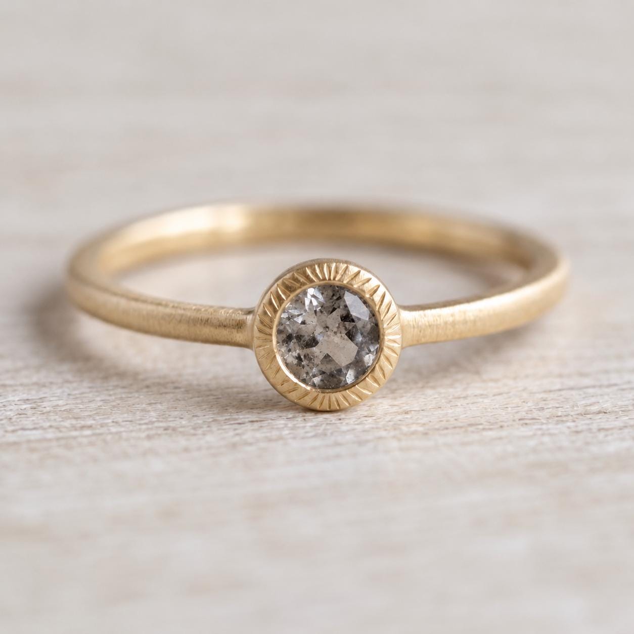 Salt Pepper Gray Diamond Ring, Matte Brushed Boho Engagement Ring - view 2