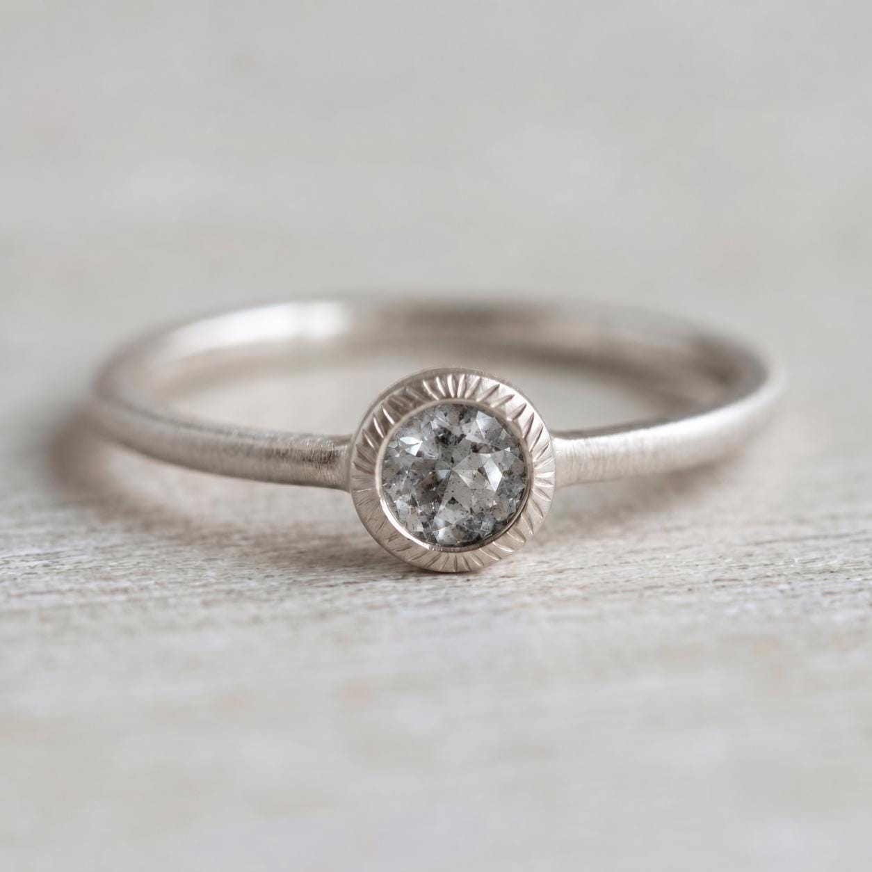 Salt Pepper Gray Diamond Ring, Matte Brushed Boho Engagement Ring - view 3