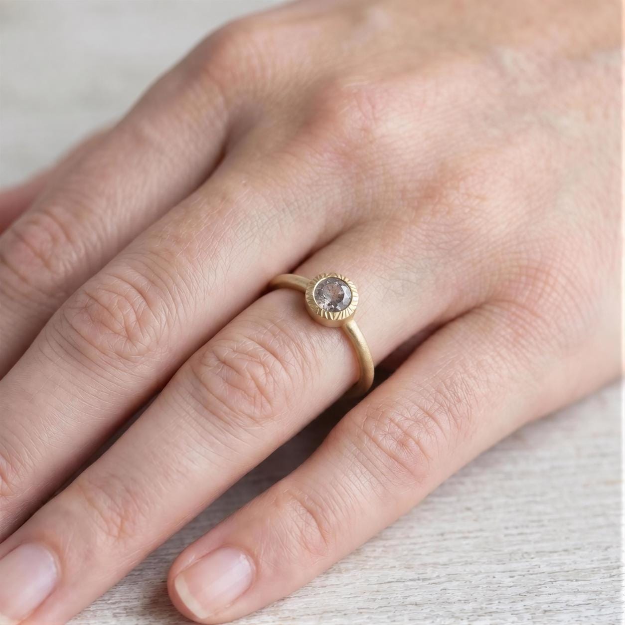 Salt Pepper Gray Diamond Ring, Matte Brushed Boho Engagement Ring - view 5
