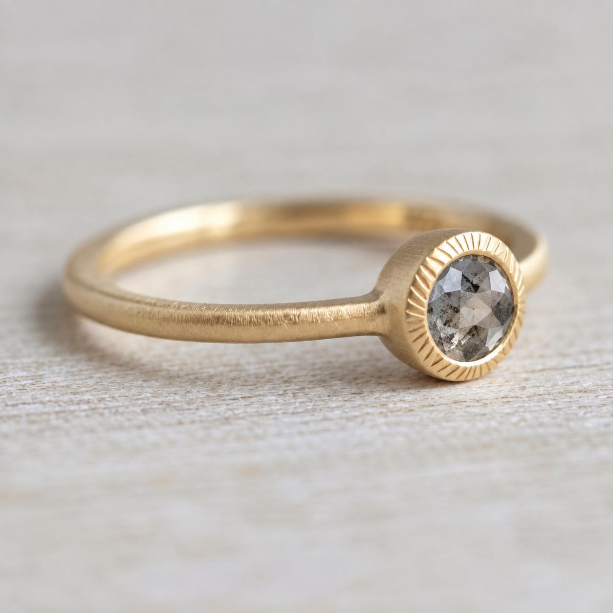 Salt Pepper Gray Diamond Ring, Matte Brushed Boho Engagement Ring - view 6