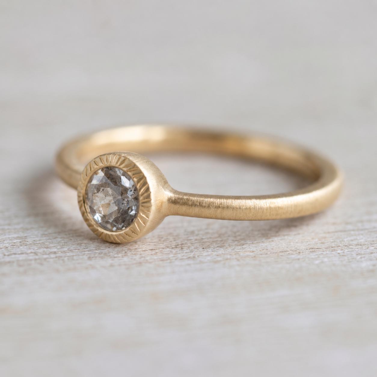Salt Pepper Gray Diamond Ring, Matte Brushed Boho Engagement Ring - view 9