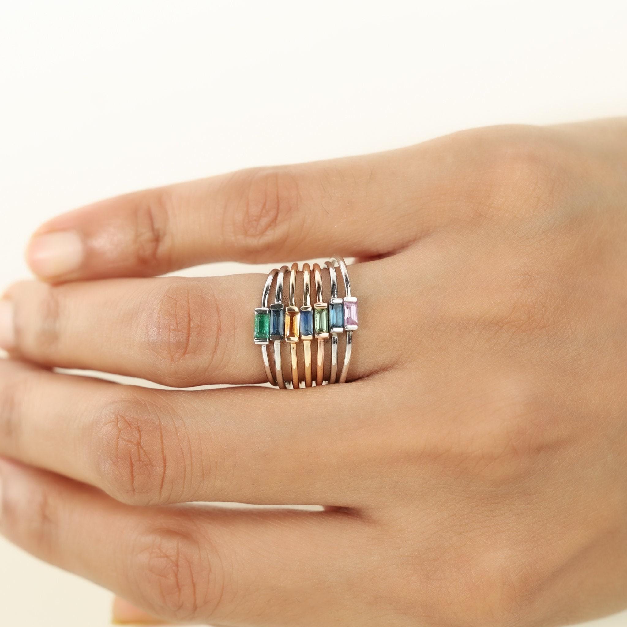 14k Solid Gold Gemstone Baguette Stacking Ring, Yellow, Pink, Blue, Sapphire, Emerald, Ruby