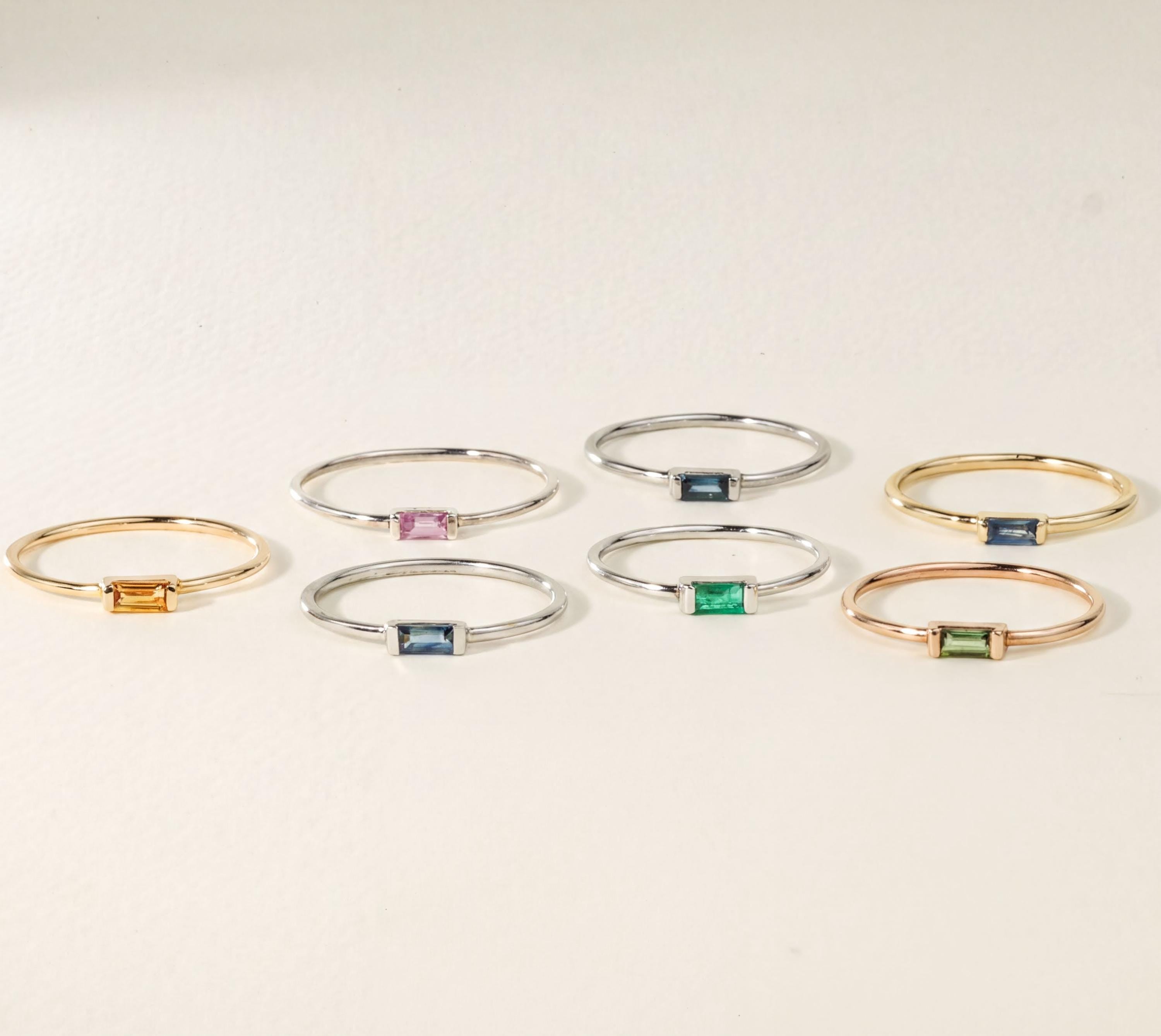 14k Solid Gold Gemstone Baguette Stacking Ring, Yellow, Pink, Blue, Sapphire, Emerald, Ruby - view 3