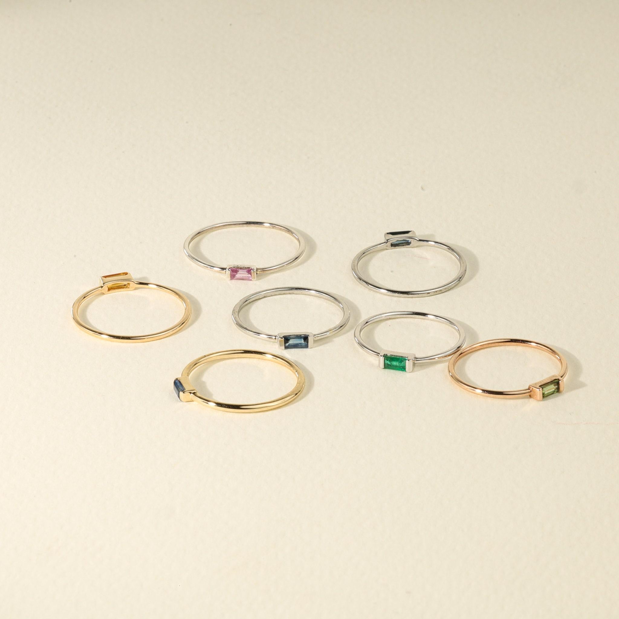 14k Solid Gold Gemstone Baguette Stacking Ring, Yellow, Pink, Blue, Sapphire, Emerald, Ruby - view 6