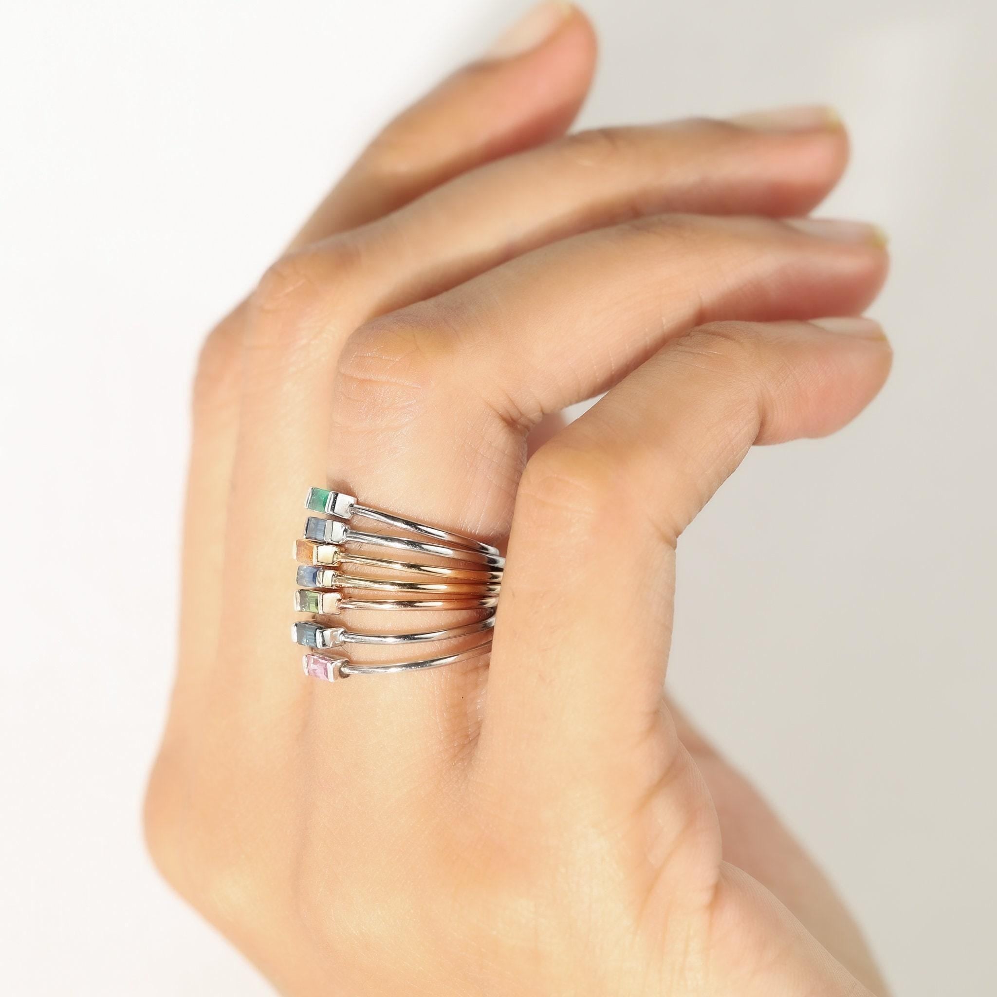 14k Solid Gold Gemstone Baguette Stacking Ring, Yellow, Pink, Blue, Sapphire, Emerald, Ruby - view 7