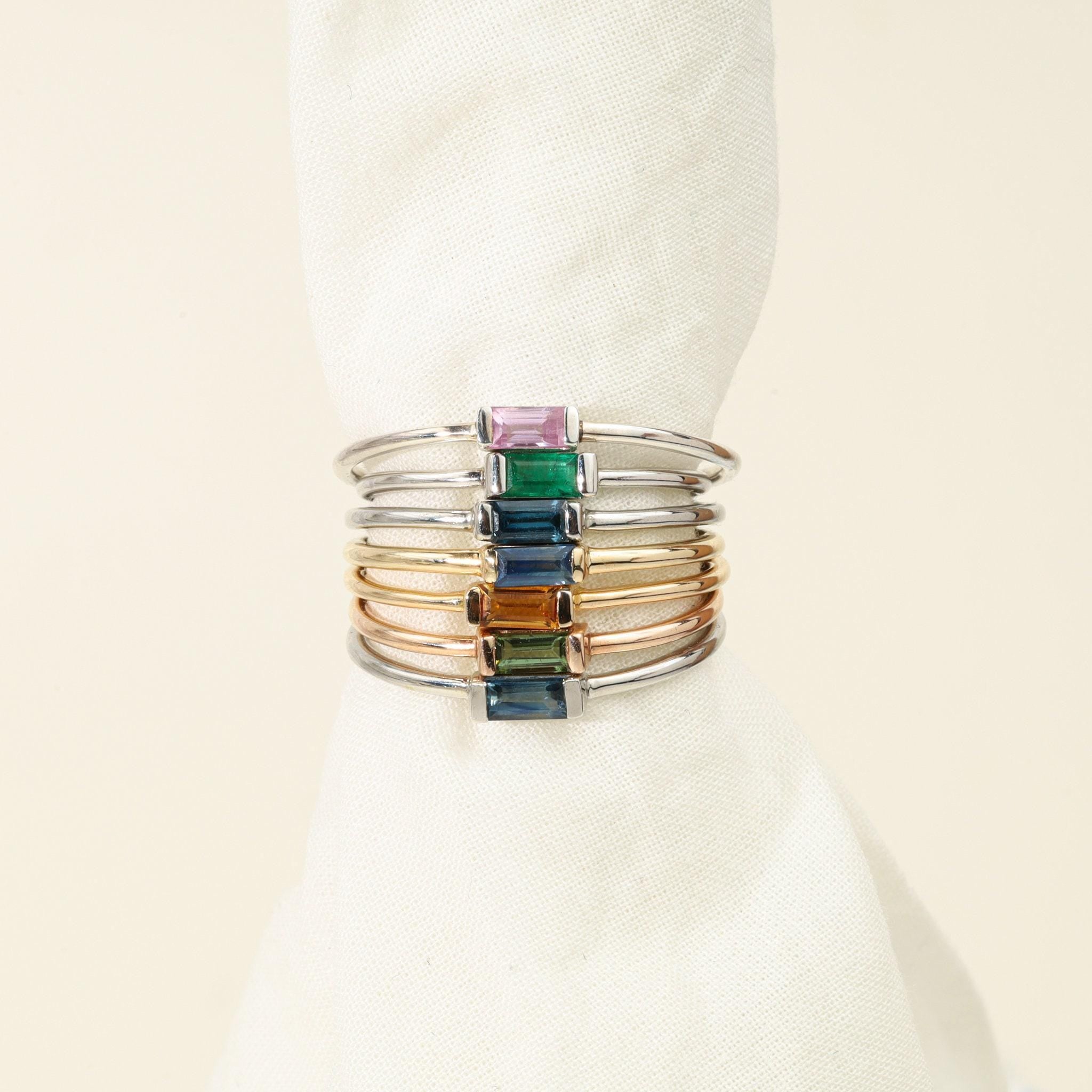 14k Solid Gold Gemstone Baguette Stacking Ring, Yellow, Pink, Blue, Sapphire, Emerald, Ruby - view 9