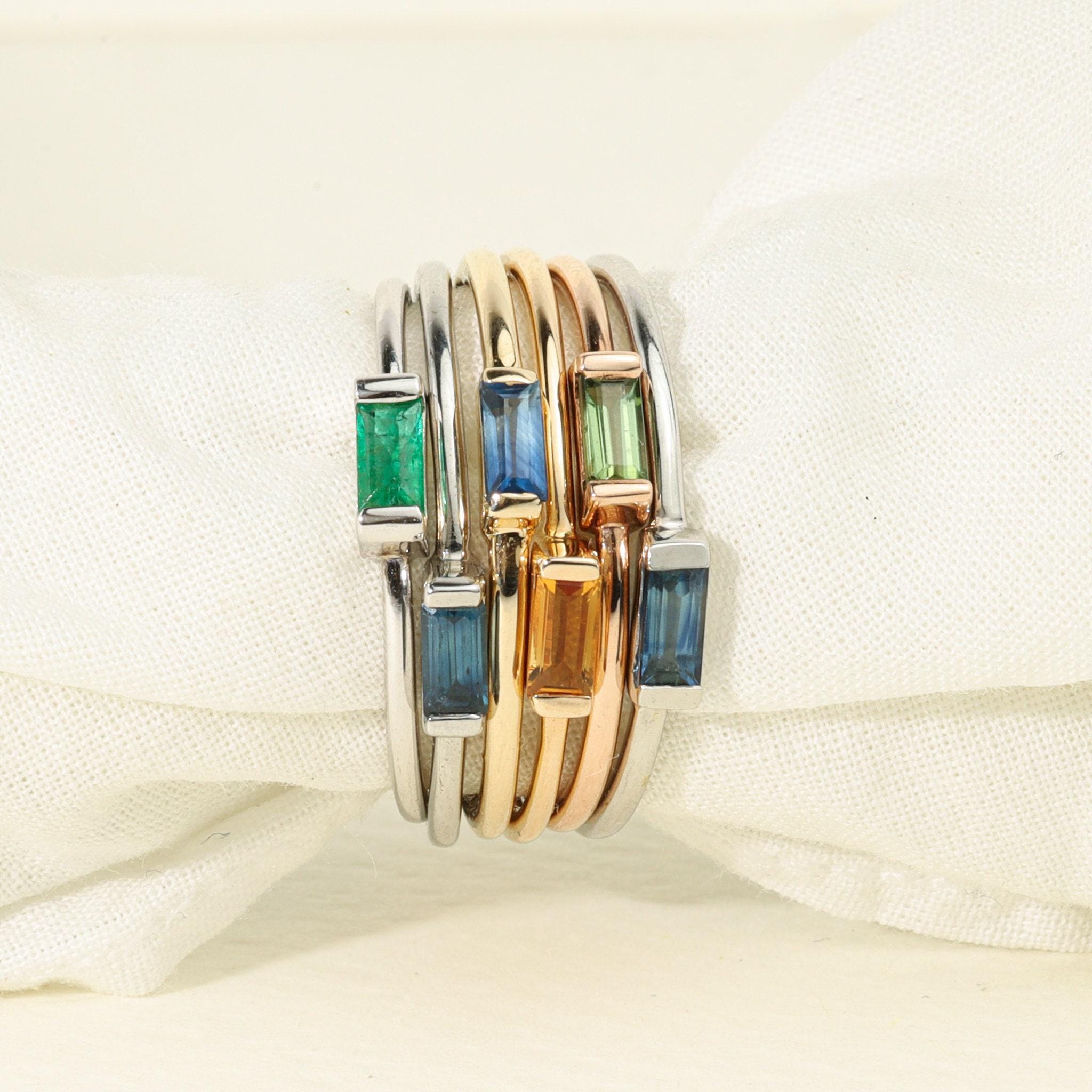 14k Solid Gold Gemstone Baguette Stacking Ring, Yellow, Pink, Blue, Sapphire, Emerald, Ruby - view 10