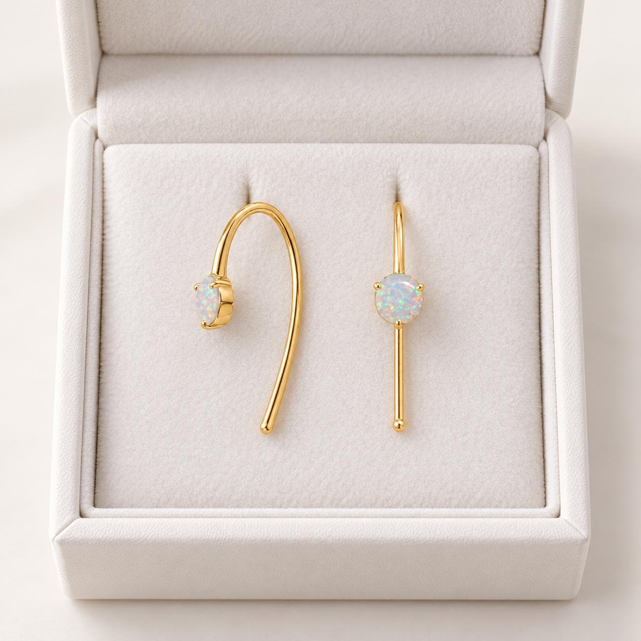Australian white opal threader earrings, box view