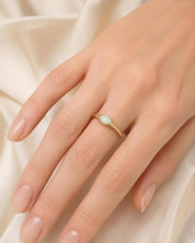 A close-up of a person's hand wearing a gold ring with a small, round opal stone.