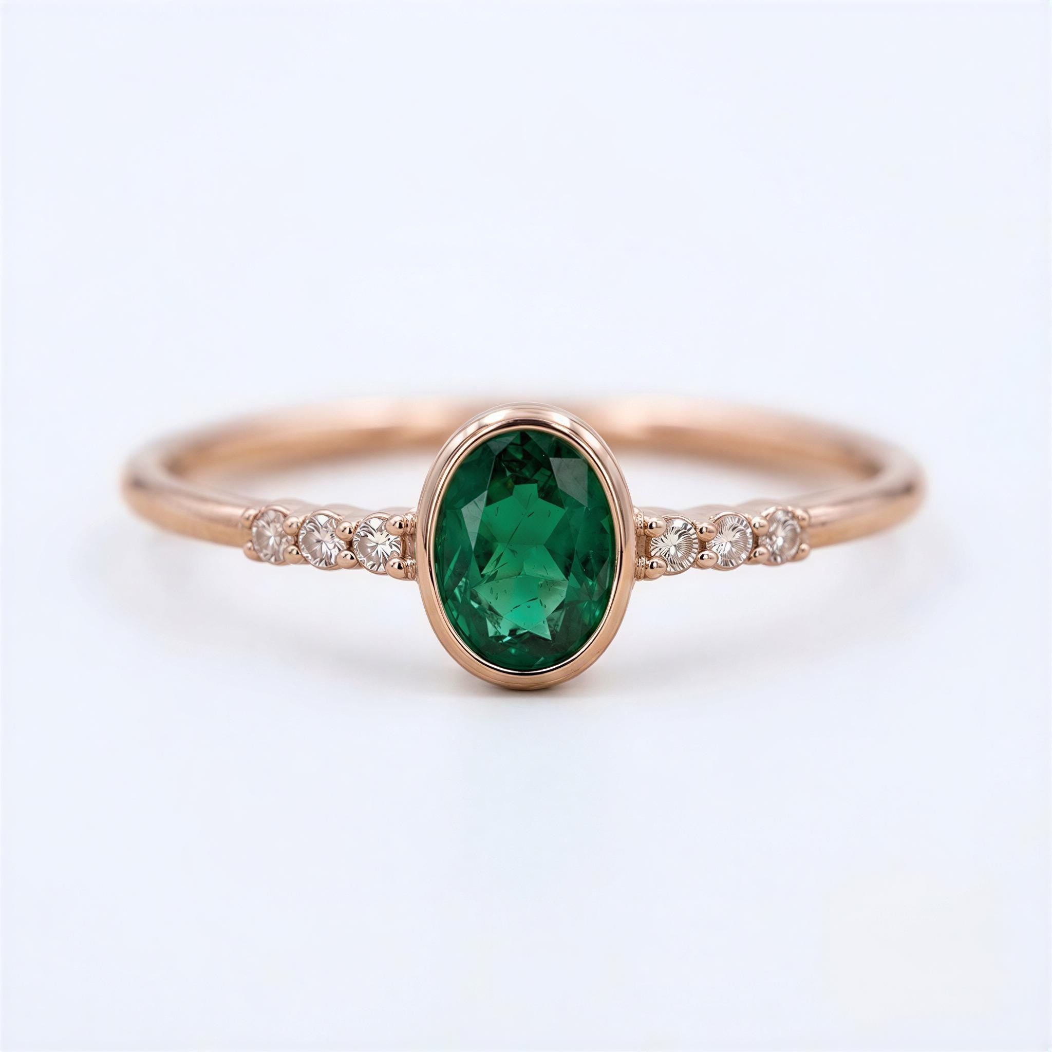 A gold ring with a large oval-shaped green gemstone set in the center, surrounded by smaller diamonds.