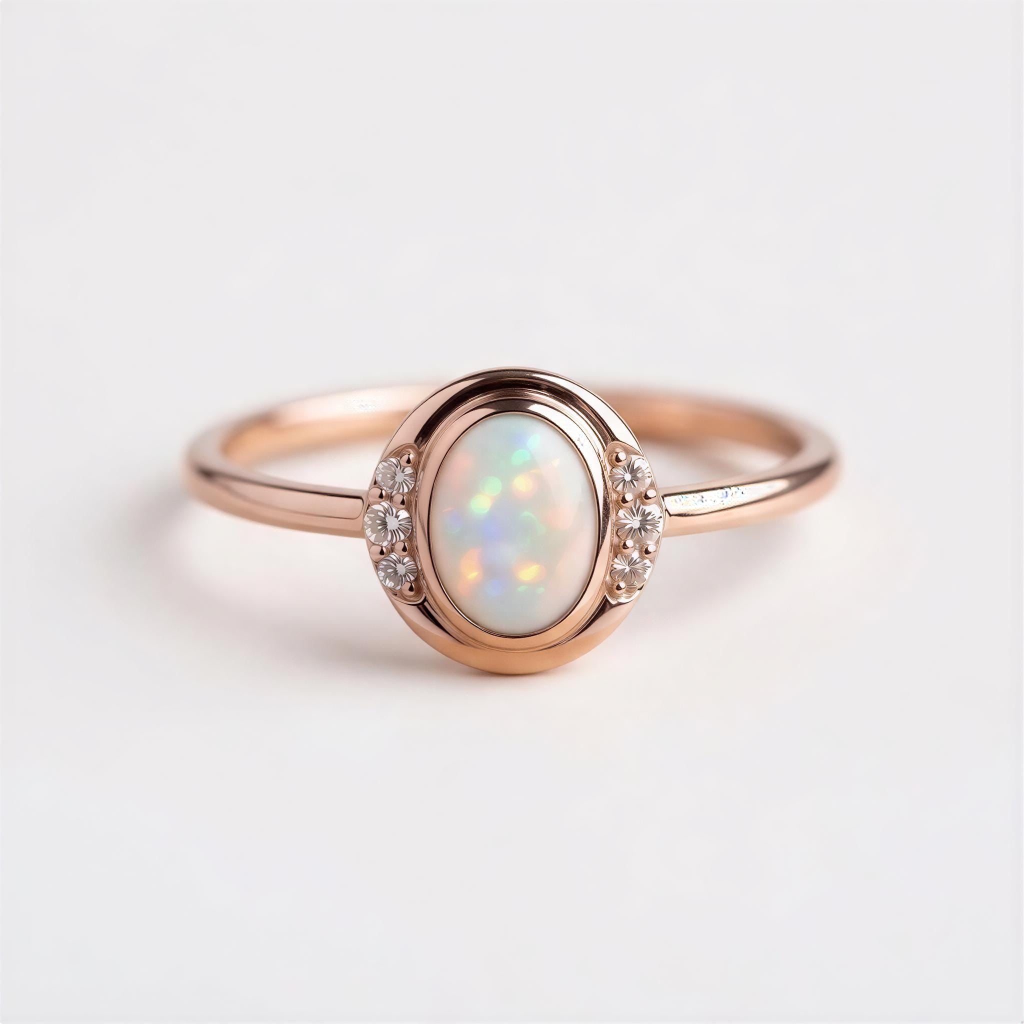 A rose gold ring with a large oval-shaped opal gemstone set in the center, surrounded by smaller diamonds.