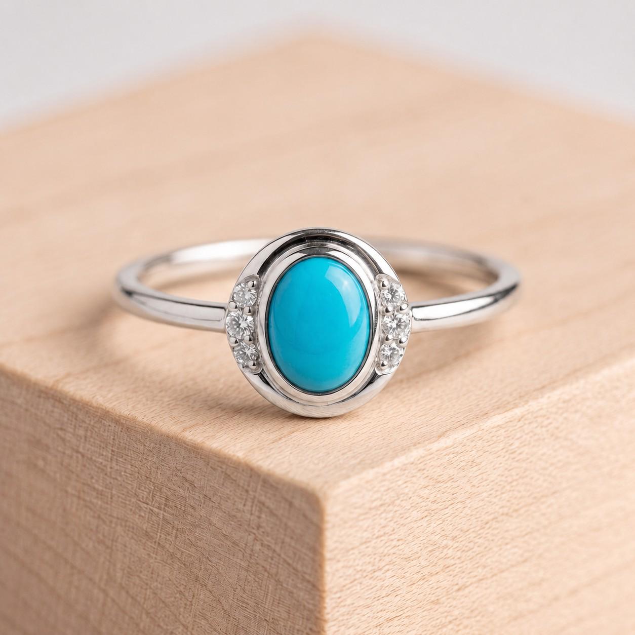 May include: A silver ring featuring a central oval-shaped turquoise gemstone in a smooth bezel setting. The ring band is accented on both sides of the center stone by three small, clear, round-cut white stones set into the silver metal frame.