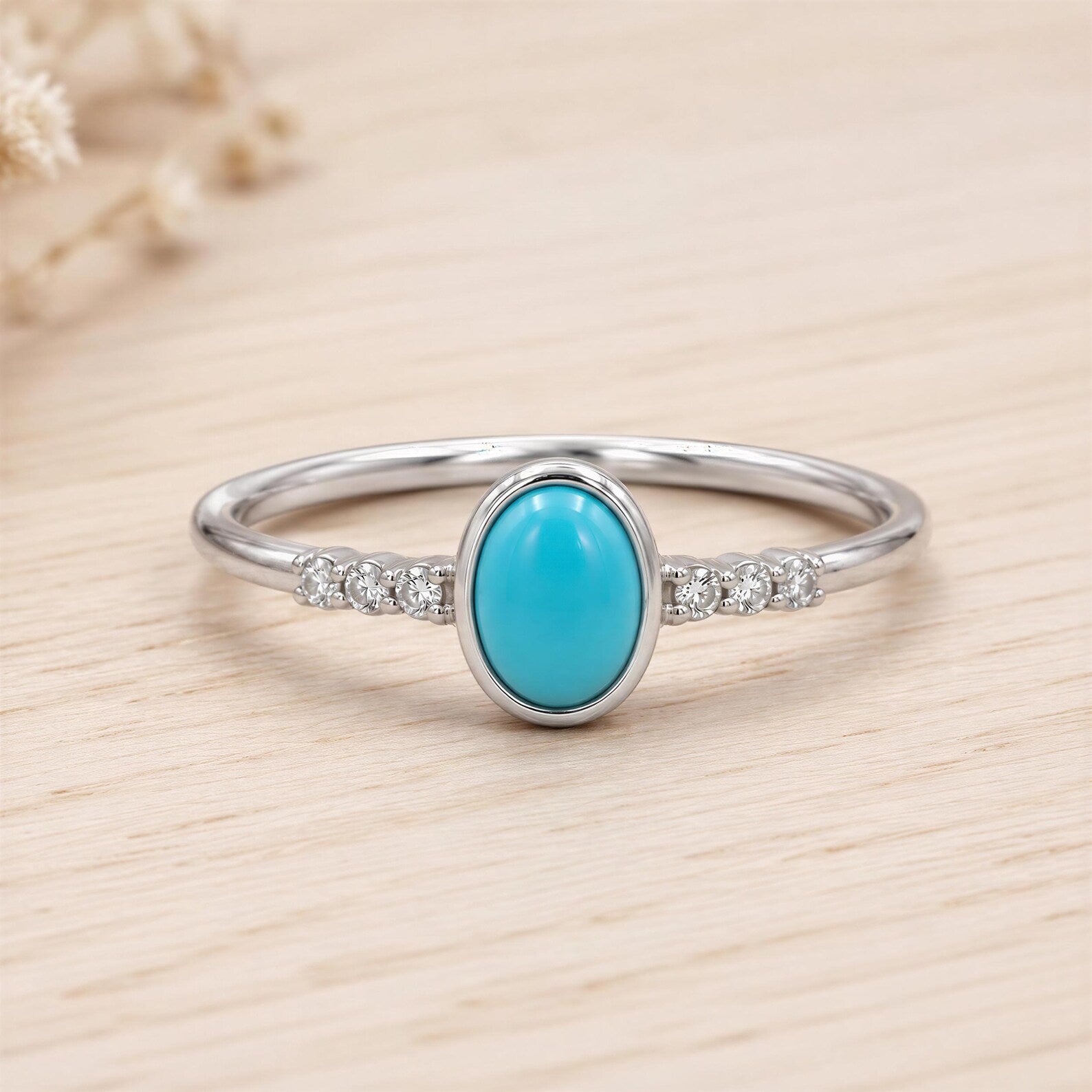 White gold Arizona turquoise and diamond ring, front view
