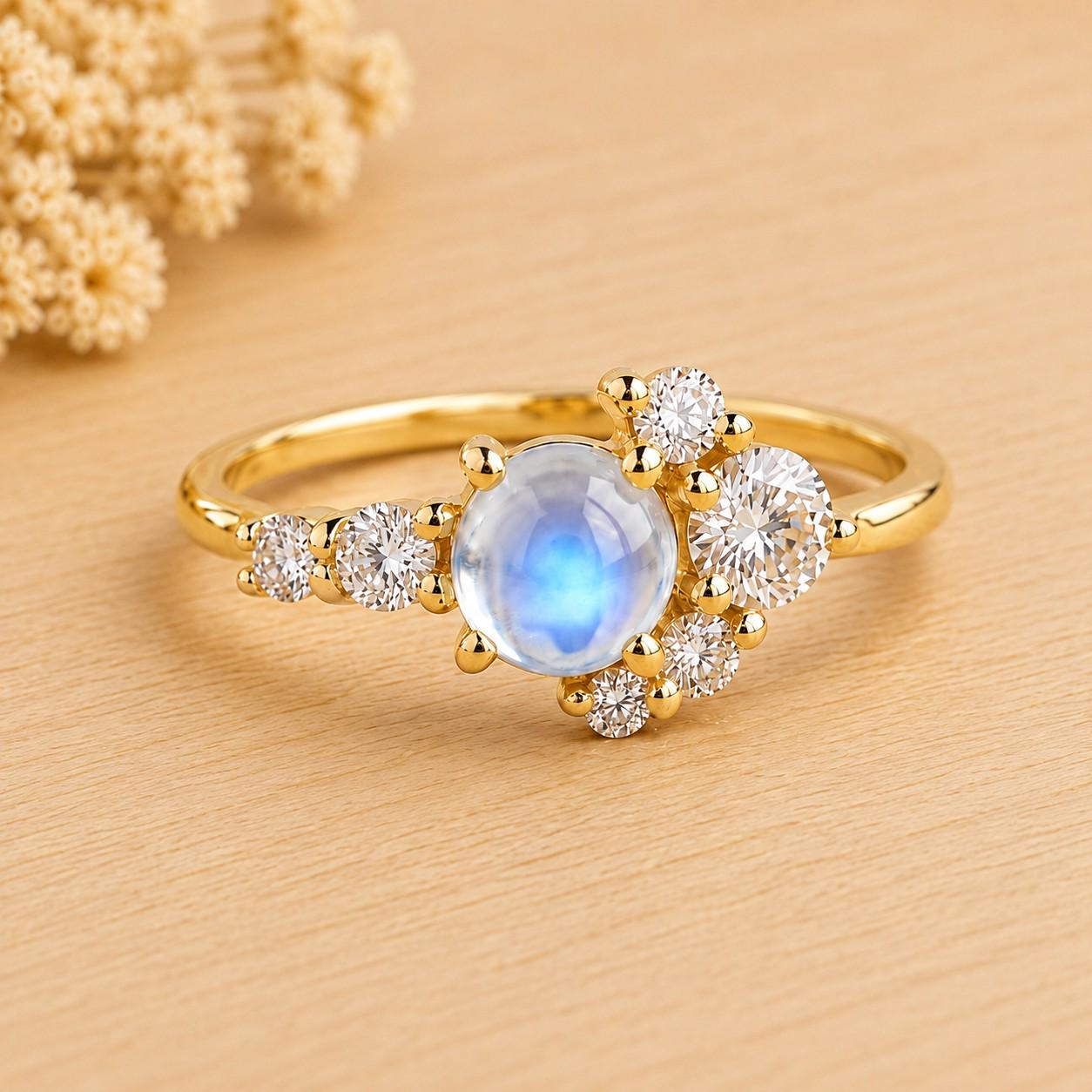 May include: A gold ring featuring a central round cabochon moonstone with a blue iridescent glow, surrounded by a cluster of small, clear, round-cut white stones arranged in an asymmetrical pattern along the polished gold band.
