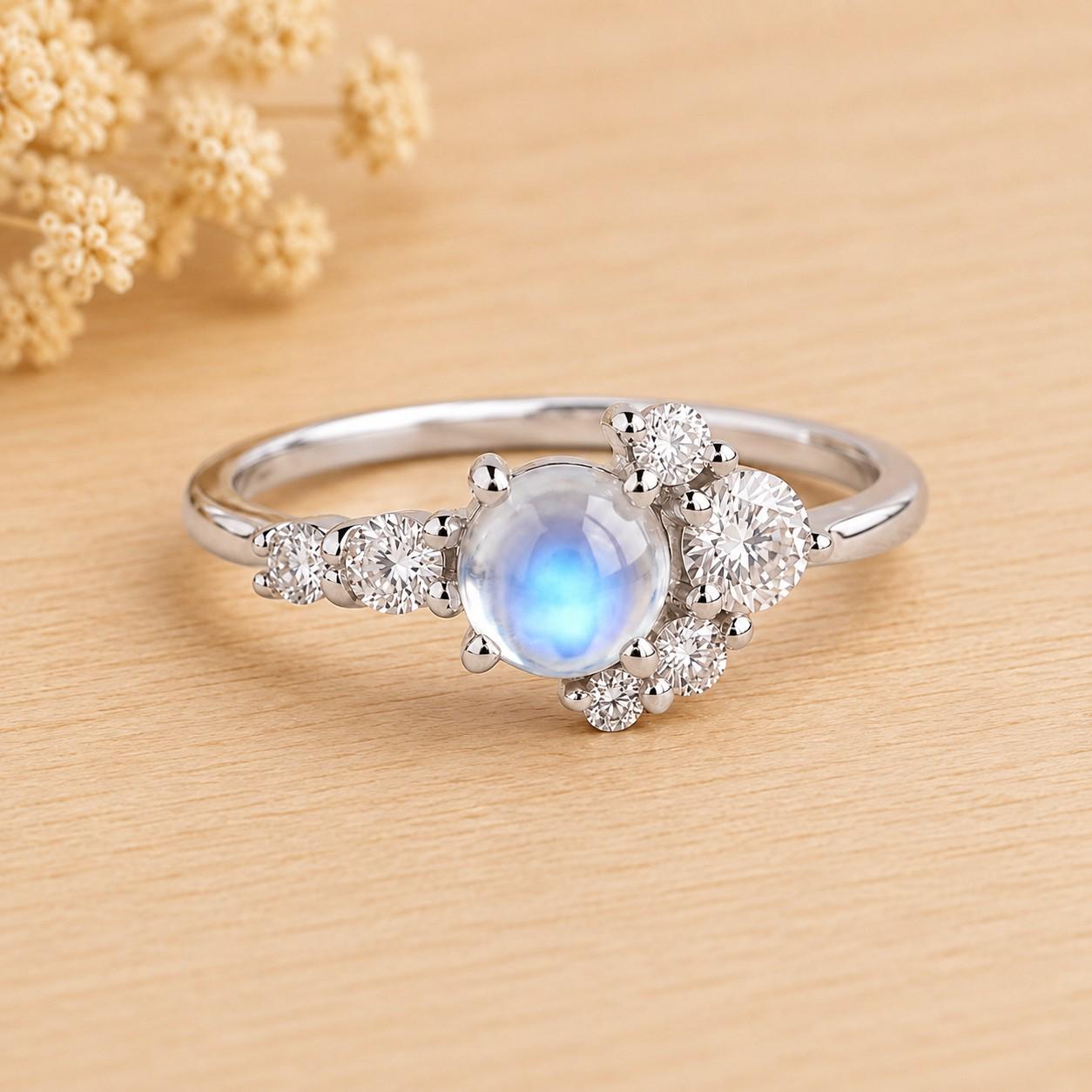 May include: A silver-toned ring featuring a central round cabochon moonstone with a blue iridescent glow. The stone is surrounded by a cluster of seven small, clear, round-cut faceted stones arranged in a asymmetrical pattern along the band.