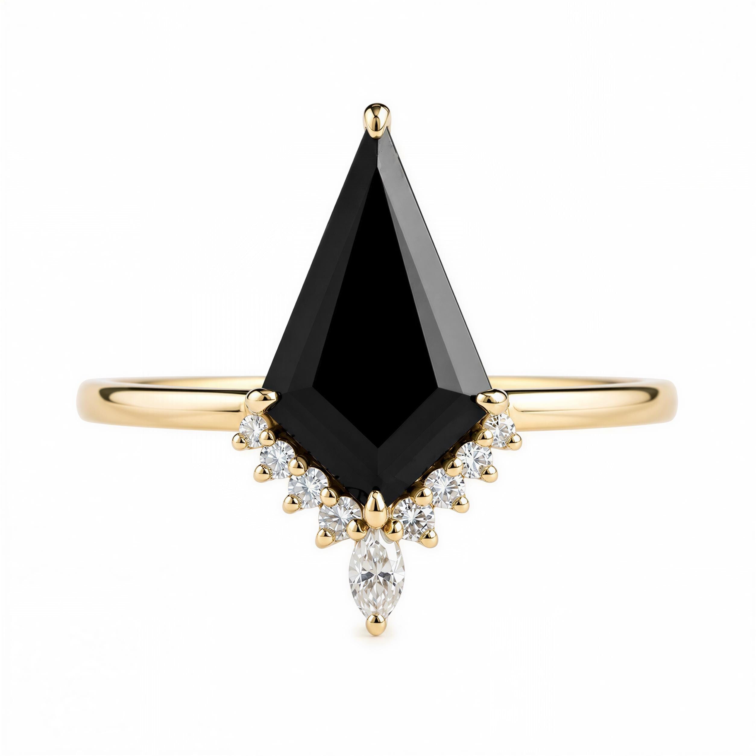 A gold ring with a large black diamond as the centerpiece, surrounded by smaller diamonds.