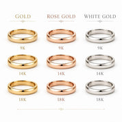 May include: A grid of nine plain metal rings arranged in three columns labeled Gold, Rose Gold, and White Gold. Each column displays rings in 9K, 14K, and 18K purity levels. The rings have a smooth, polished, rounded surface and a consistent band width.