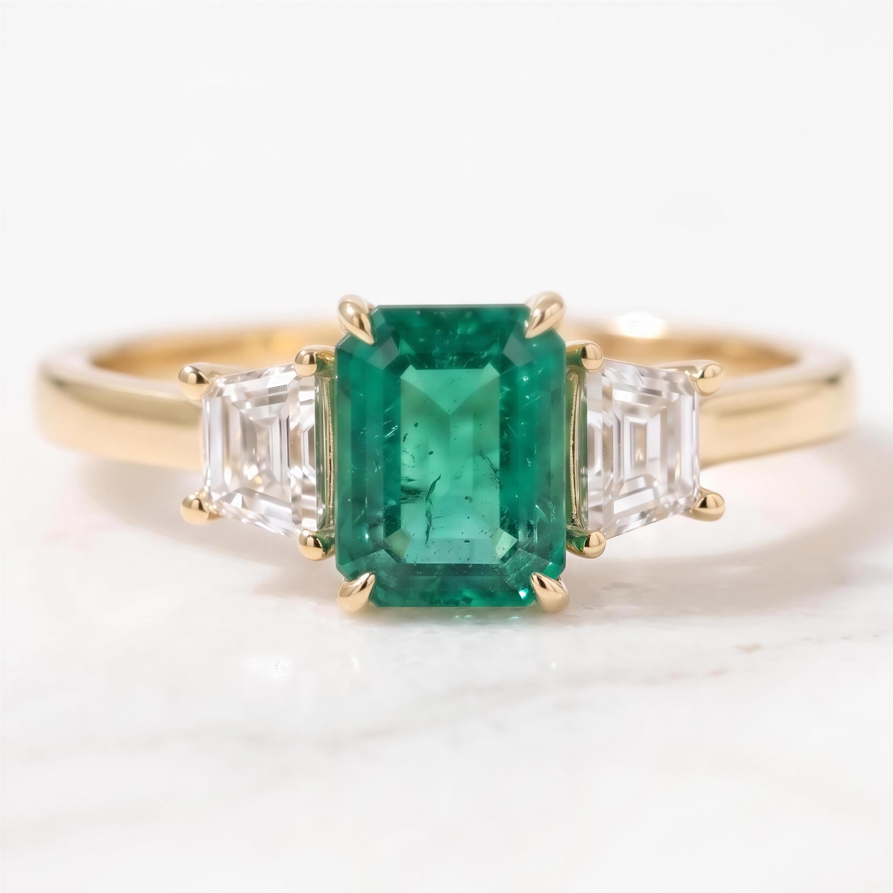 A gold ring with a large, vibrant green emerald gemstone in the center, flanked by two smaller diamonds on either side.