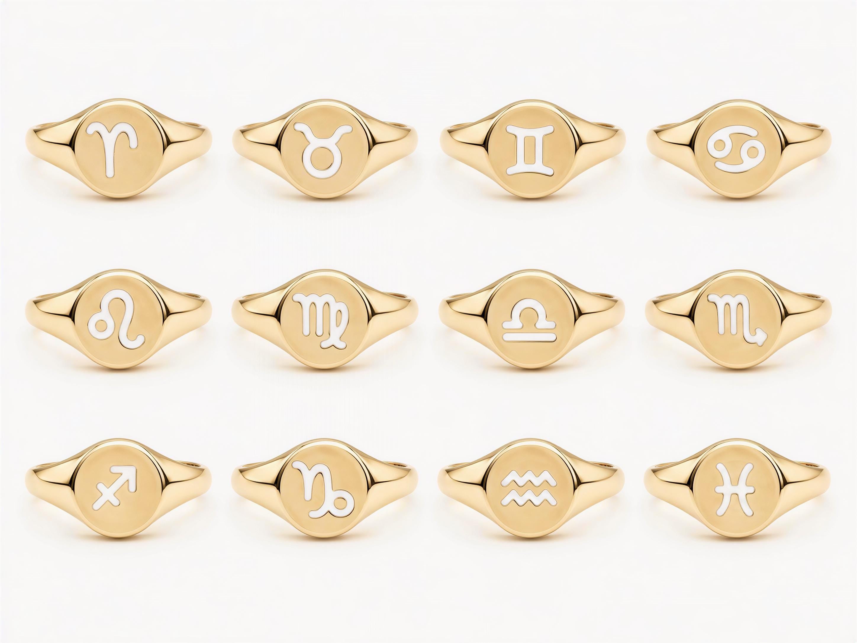 a collection of 12 gold ring designs, each featuring a different astrological sign symbol.