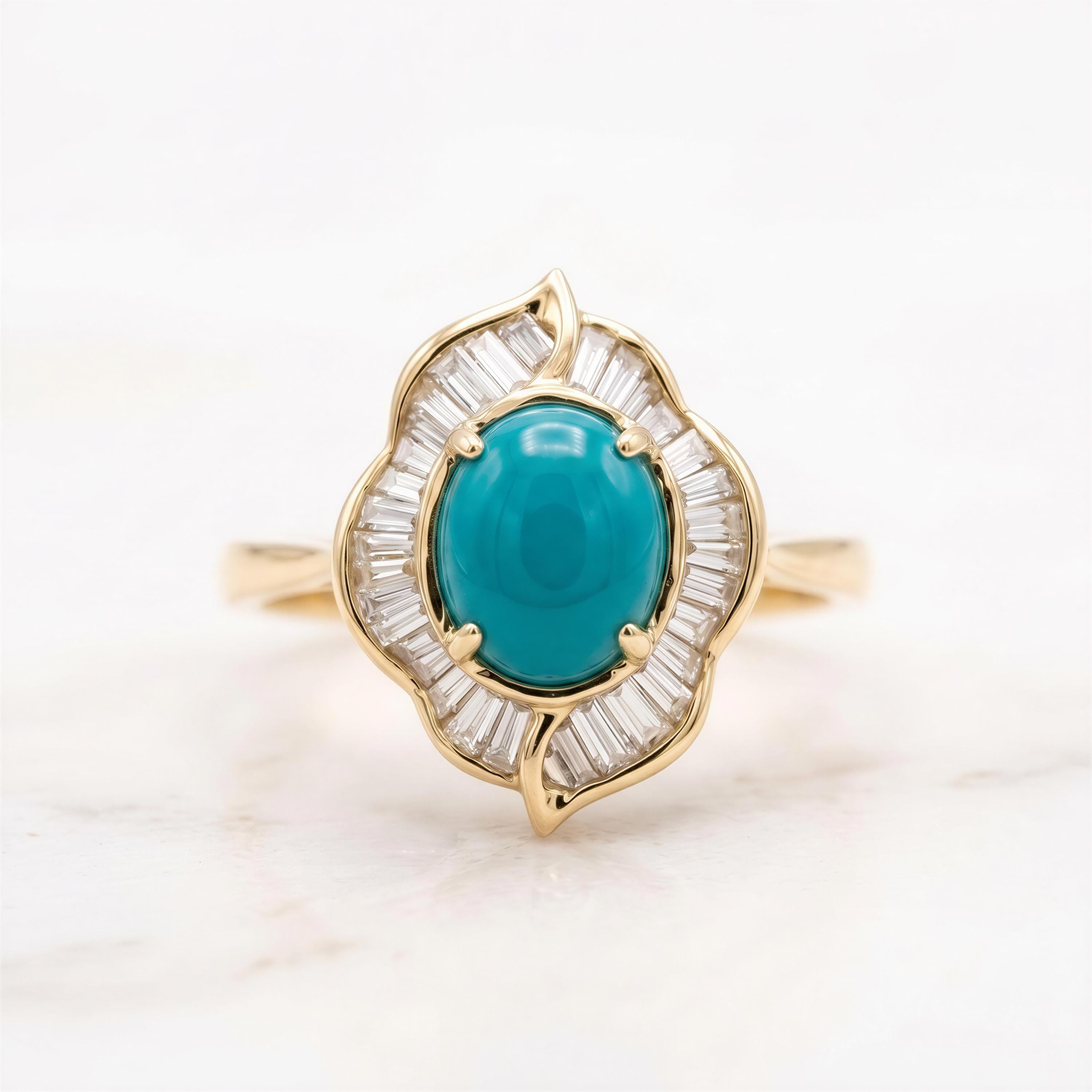 A gold ring with a large turquoise gemstone at the center, surrounded by smaller diamonds.