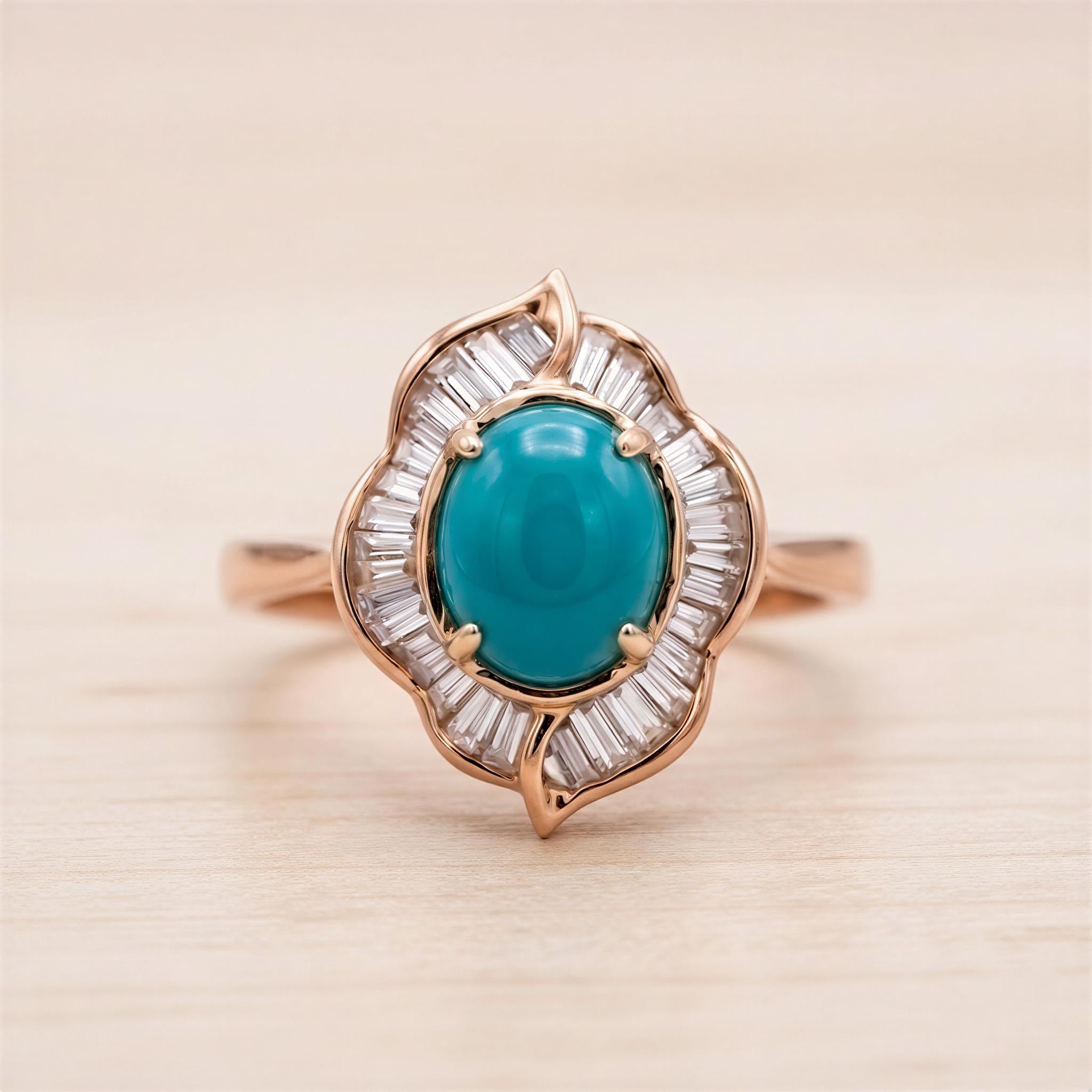 A gold ring with a large turquoise gemstone at the center, surrounded by smaller diamonds.