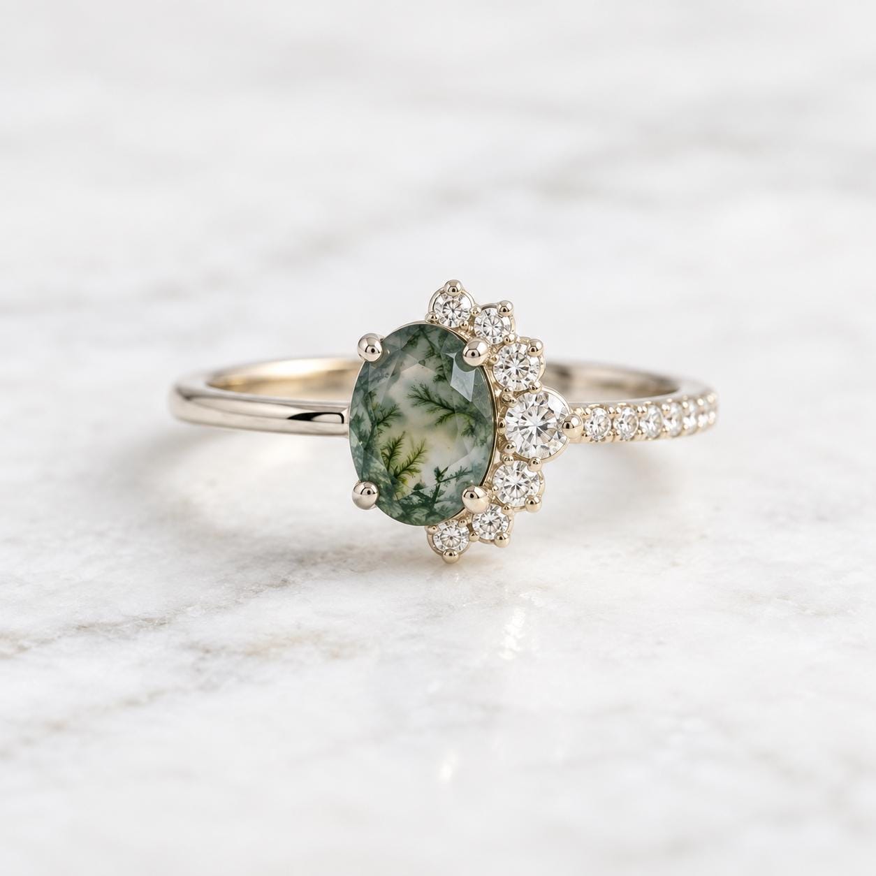 Oval Moss Agate & Lab Diamond Asymmetric Cluster Ring, photo 1