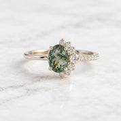 Oval Moss Agate & Lab Diamond Asymmetric Cluster Ring, photo 1
