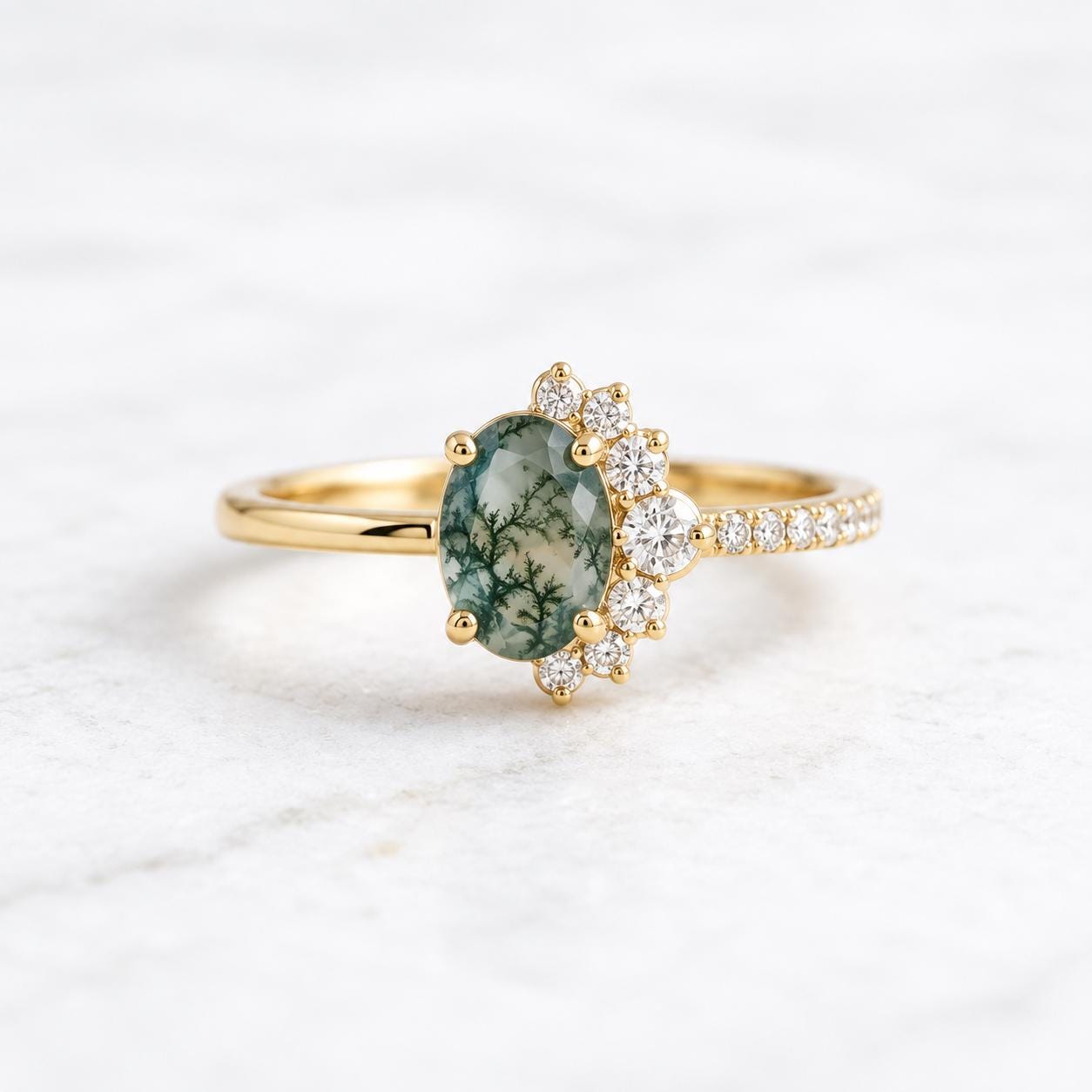 Oval Moss Agate & Lab Diamond Asymmetric Cluster Ring, photo 2