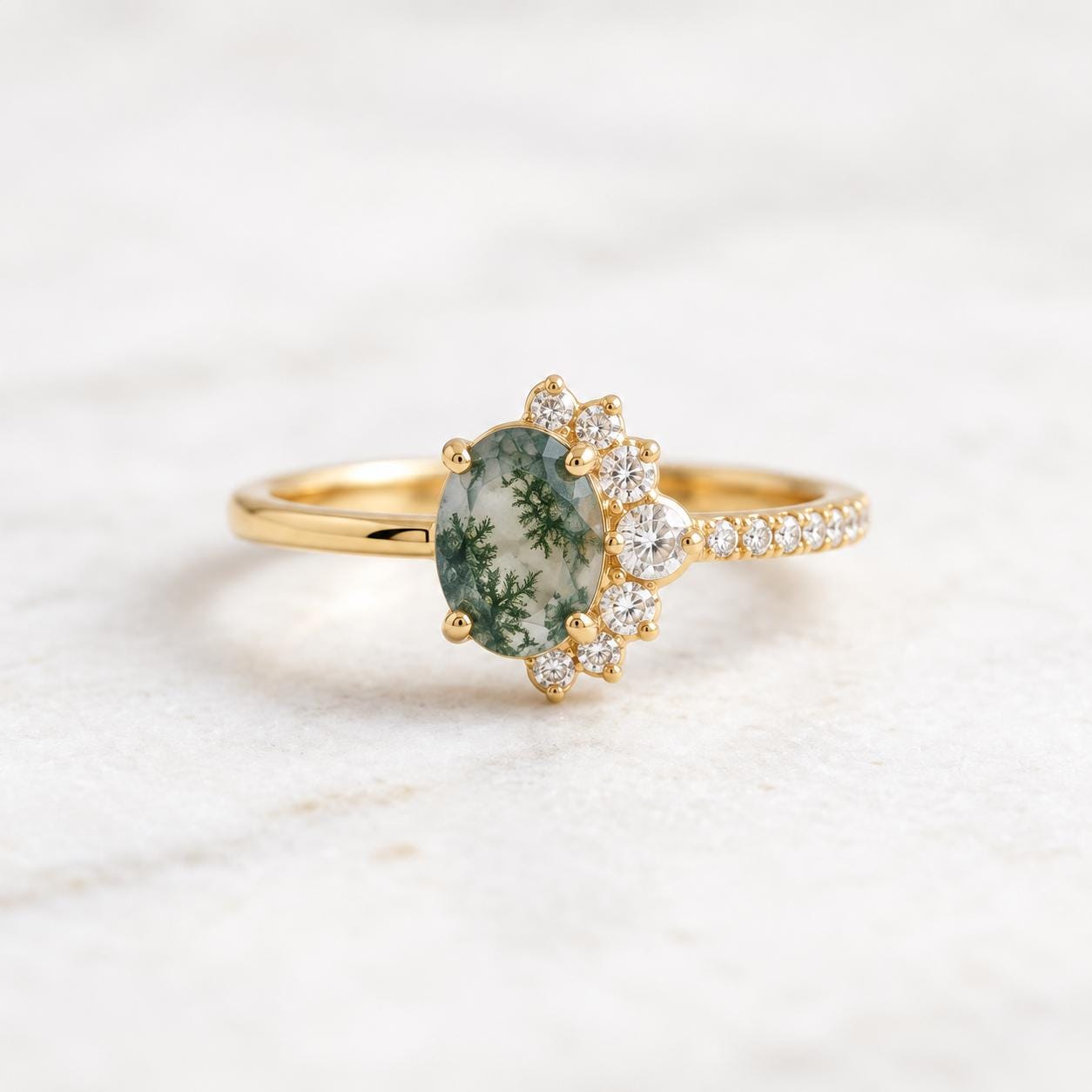 Oval Moss Agate & Lab Diamond Asymmetric Cluster Ring, photo 3