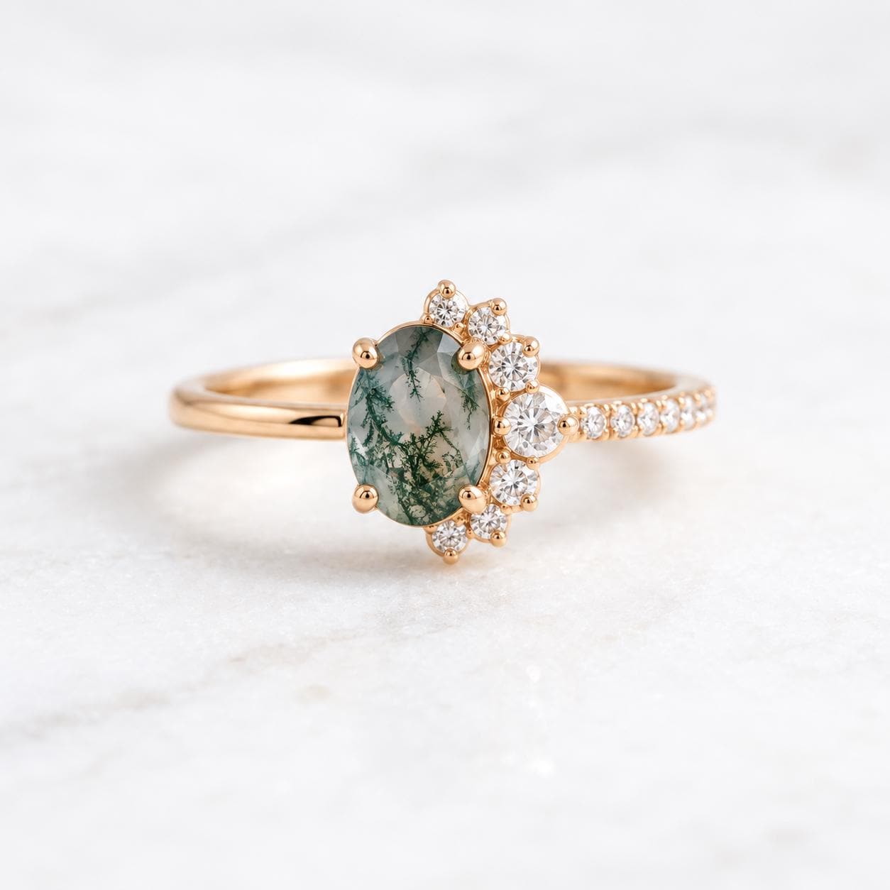 Oval Moss Agate & Lab Diamond Asymmetric Cluster Ring, photo 4