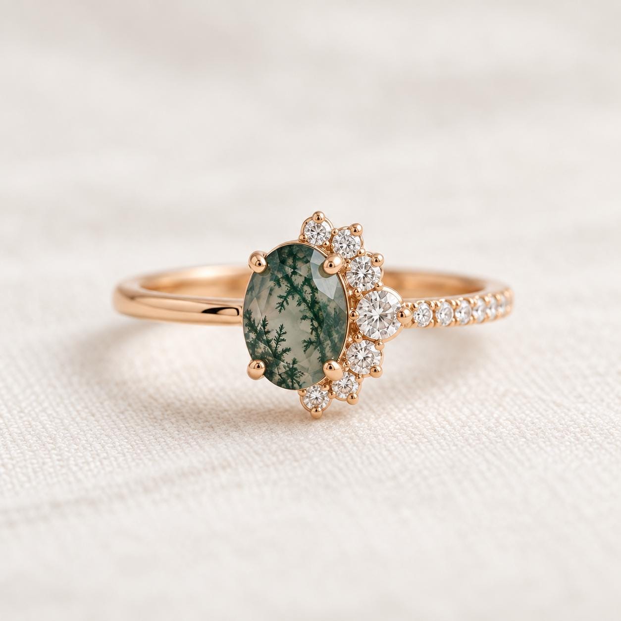 Oval Moss Agate & Lab Diamond Asymmetric Cluster Ring, photo 5