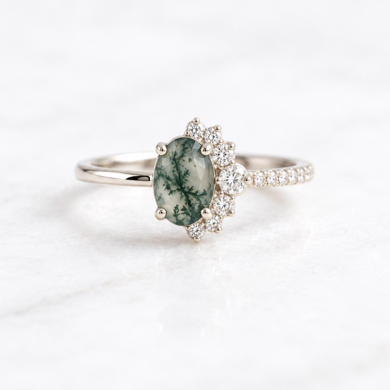 Oval Moss Agate & Lab Diamond Asymmetric Cluster Ring, photo 6